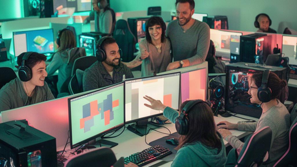 Players gathered around computer stations at a community gaming space, sharing a match and chatting between rounds